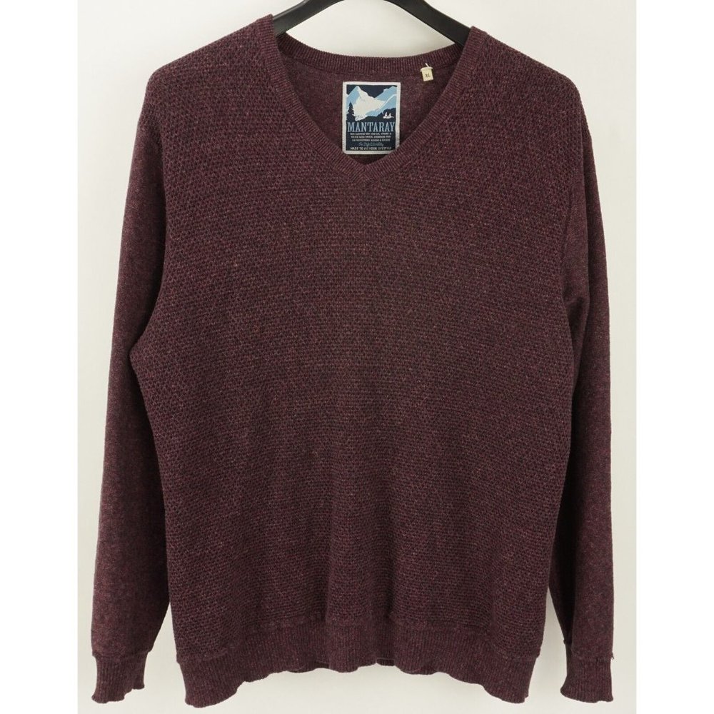 Mantaray Men's XL Burgundy Melange Cotton Open Knit Ribbed V-Neck Jumper Sweater
